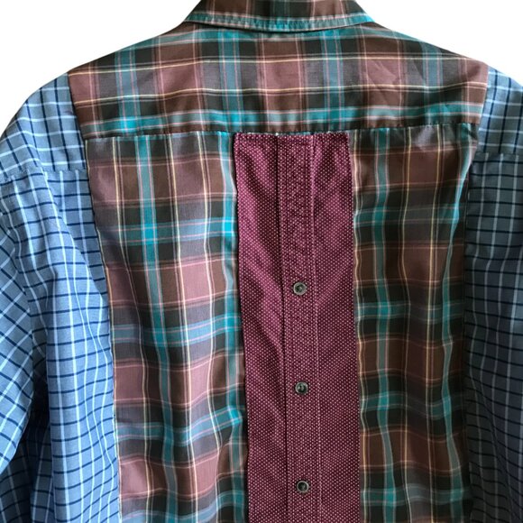 Upcycled Patchwork Button-Down Shirt, Size M-L: Boho Fringed Hem, Mixed Print - Picture 5 of 13